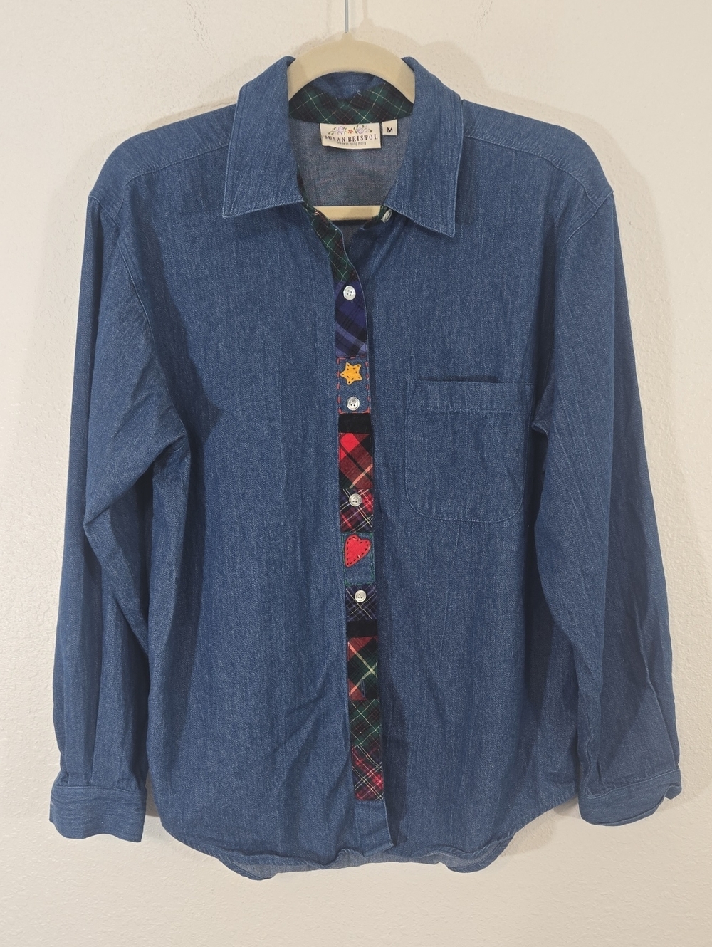 Susan Bristol Vintage Blue Denim Button-Up Shirt Plaid Star/Heart Applique, M